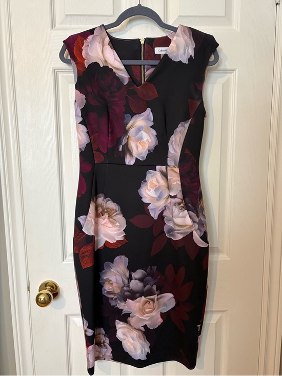 Calvin Klein Dresses & Skirts - Calvin Klein Black Midi Dress with White and Burgundy Floral Pattern